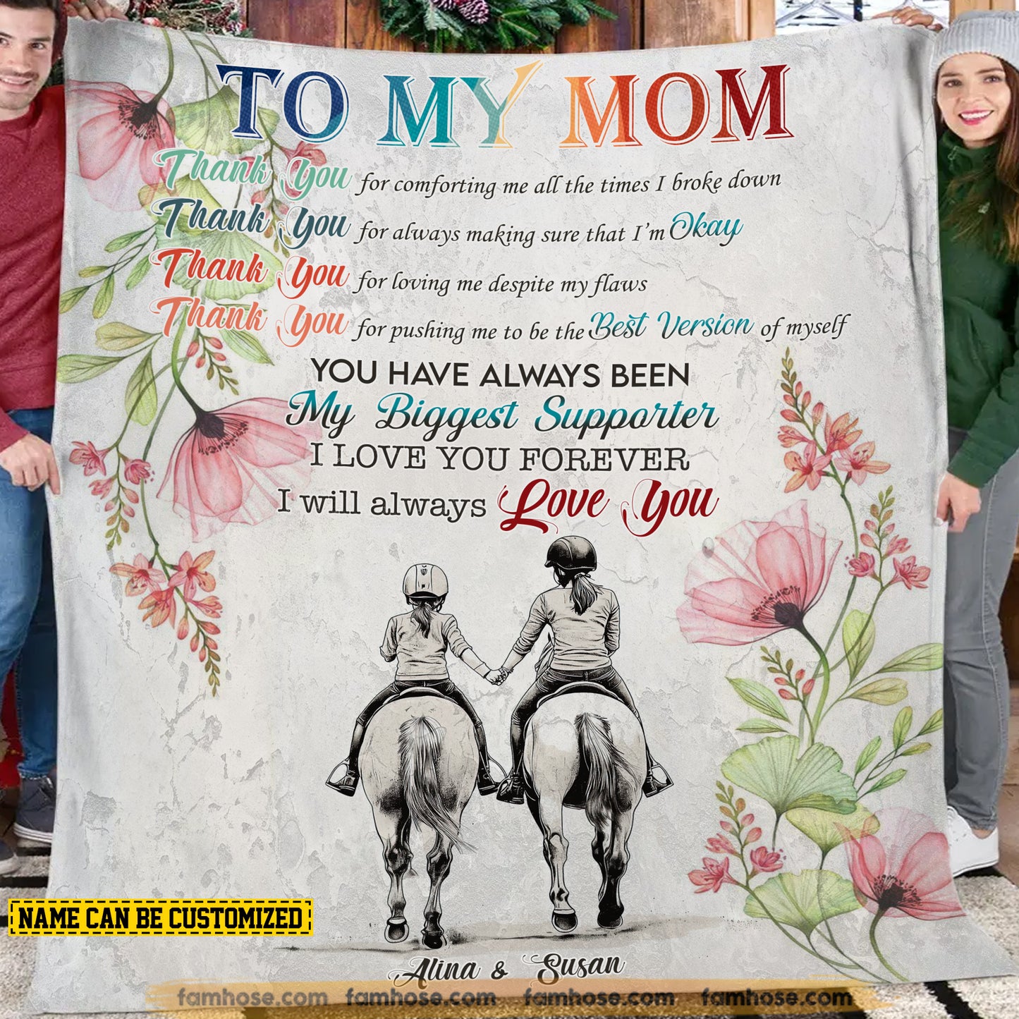 Personalized Horse Riding Mom Daughter Fleece Blanket, To My Mom Thank You Woven Blanket, Cool Sherpa Blanket Mother's Day Gift For Mom From Horse Girl