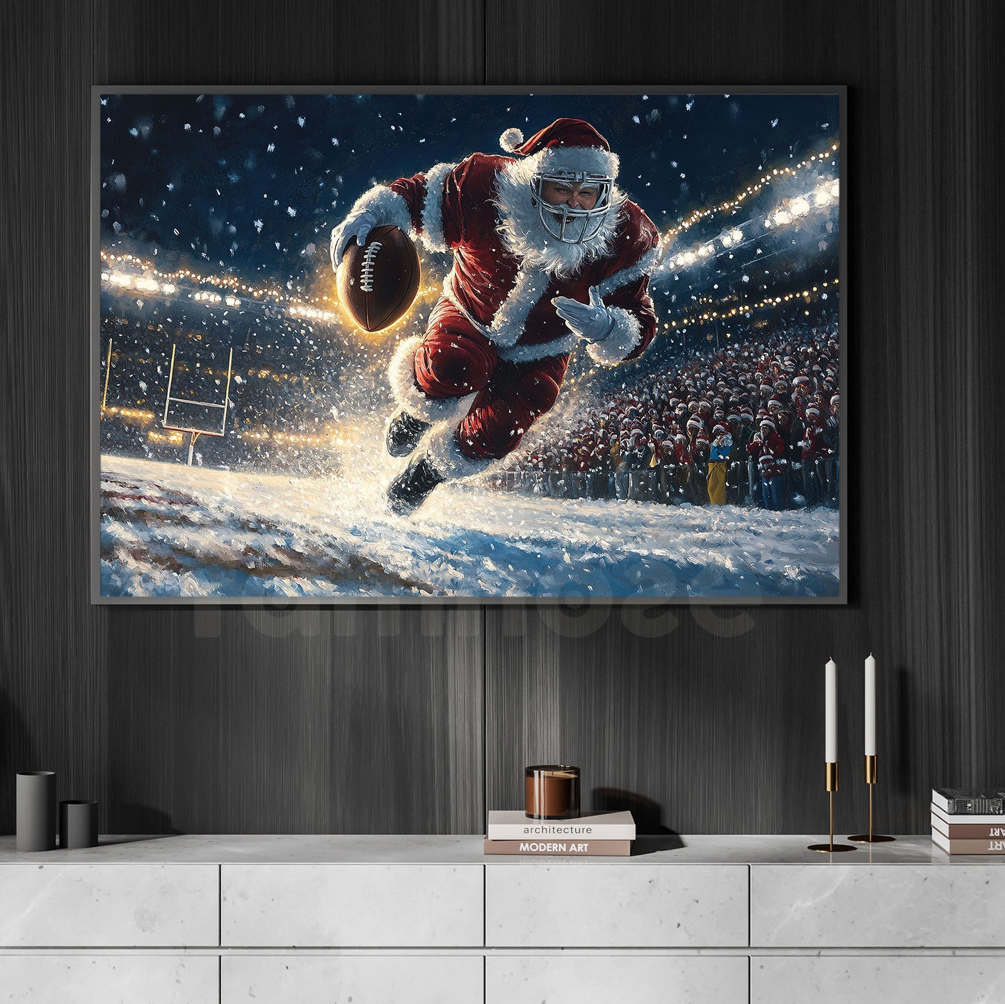 Christmas Rugby Canvas Painting, Santa Claus Scoring A Touchdown, Poster Gift For Rugby Lovers, Rugby Players