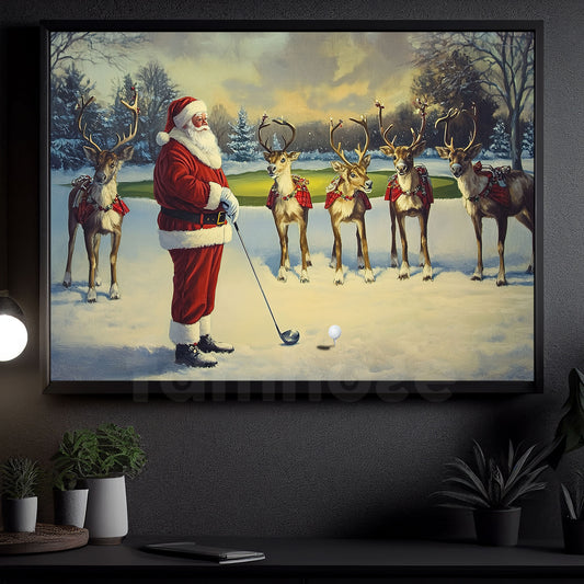 Christmas Golf Canvas Painting, Reindeer Golf Team With Santa Wall Art Decor, Poster Gift For Golf Lovers