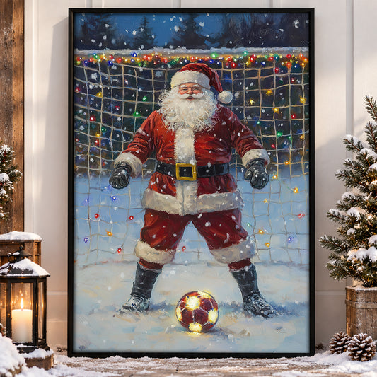 Funny Christmas Santa Claus As A Goalie Canvas Painting, Sports Wall Art Decor, Xmas Poster Gift For Soccer Lovers