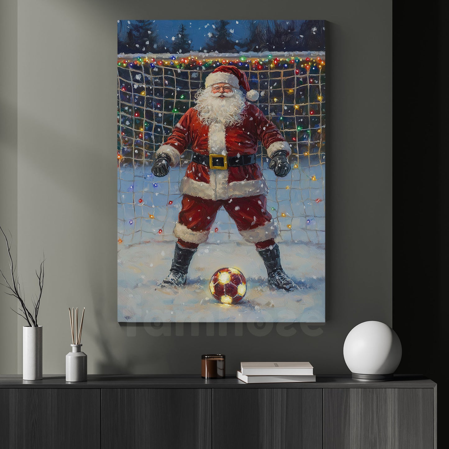 Funny Christmas Santa Claus As A Goalie Canvas Painting, Sports Wall Art Decor, Xmas Poster Gift For Soccer Lovers