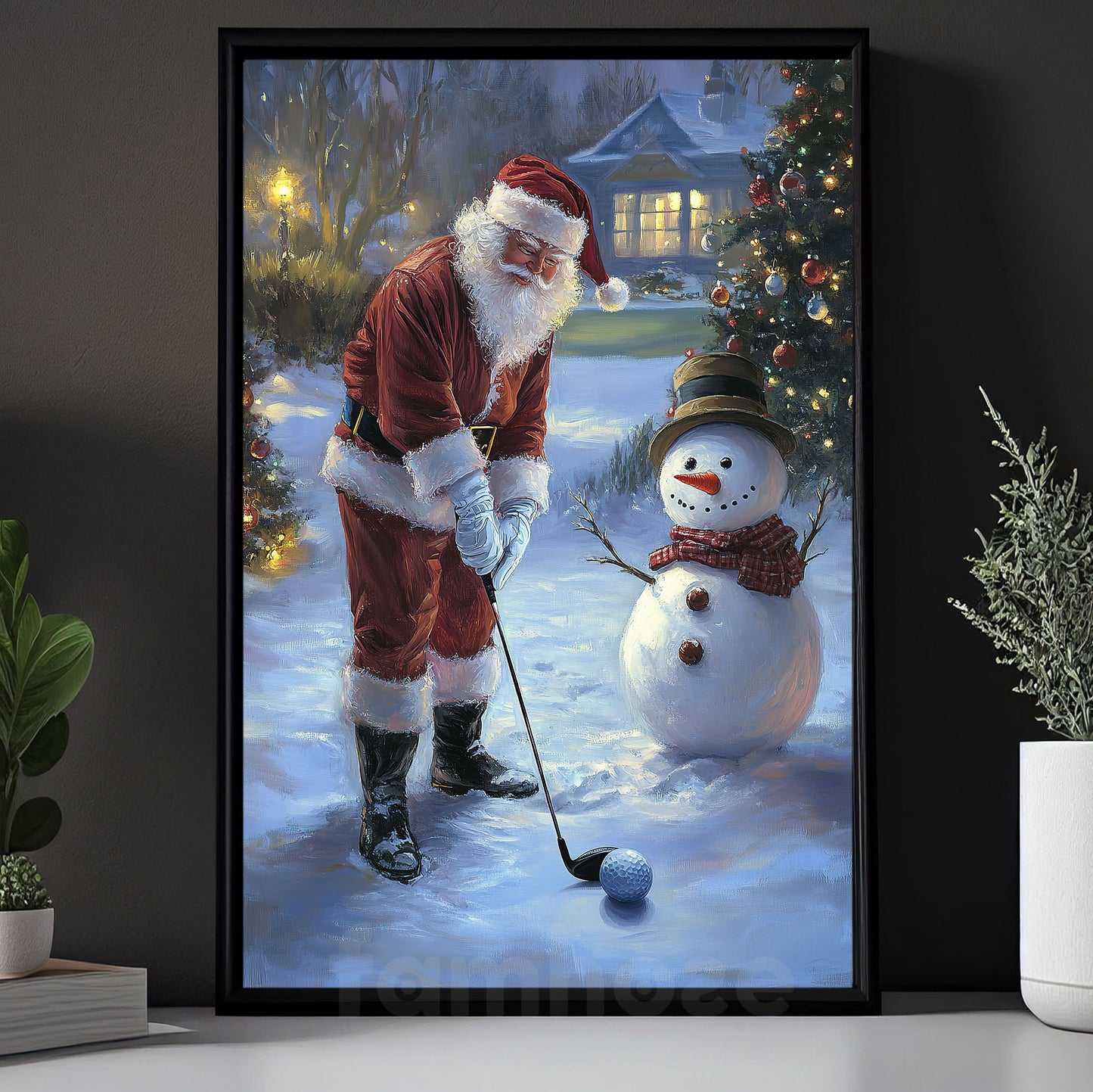 Christmas Golf Canvas Painting, Santa Claus Vs Frosty the Snowman Sport Wall Art Decor, Xmas Poster Gift For Golf Lovers