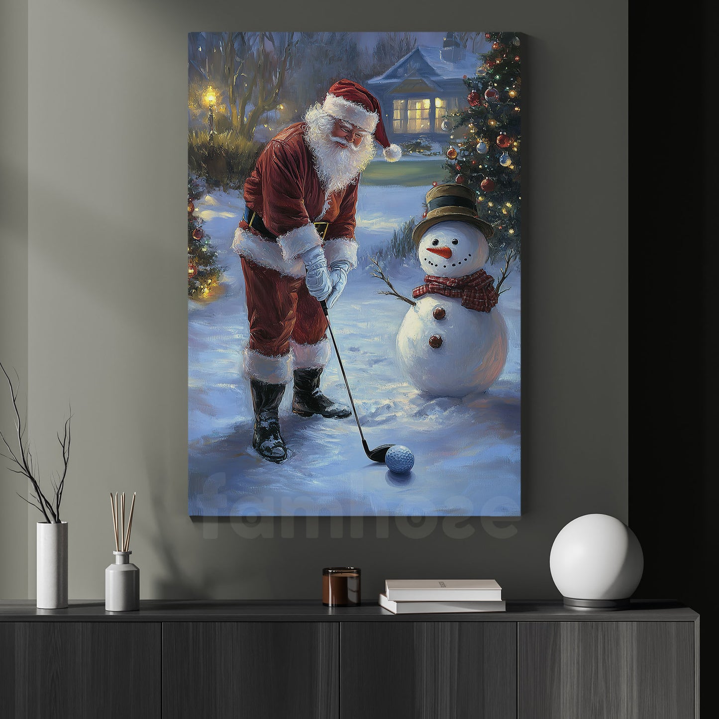 Christmas Golf Canvas Painting, Santa Claus Vs Frosty the Snowman Sport Wall Art Decor, Xmas Poster Gift For Golf Lovers