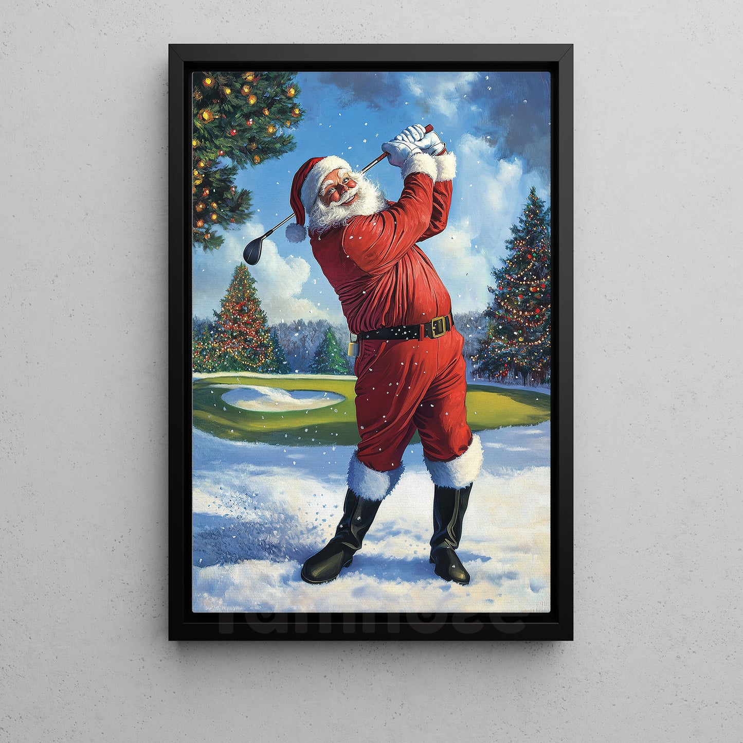 Christmas Golf Canvas Painting, Santa Claus Playing Golf Sport Wall Art Decor, Xmas Poster Gift For Golf Lovers