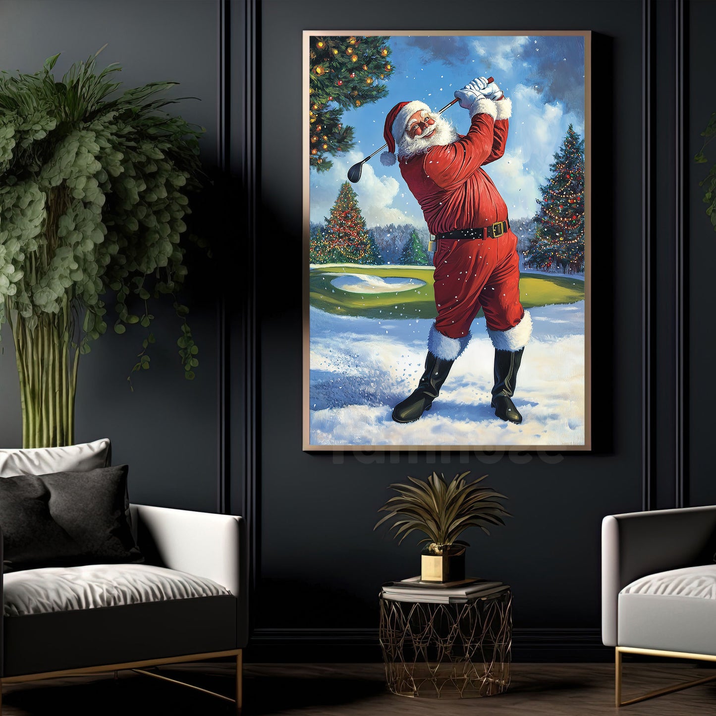 Christmas Golf Canvas Painting, Santa Claus Playing Golf Sport Wall Art Decor, Xmas Poster Gift For Golf Lovers