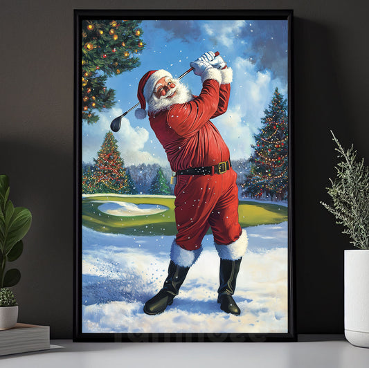 Christmas Golf Canvas Painting, Santa Claus Playing Golf Sport Wall Art Decor, Xmas Poster Gift For Golf Lovers