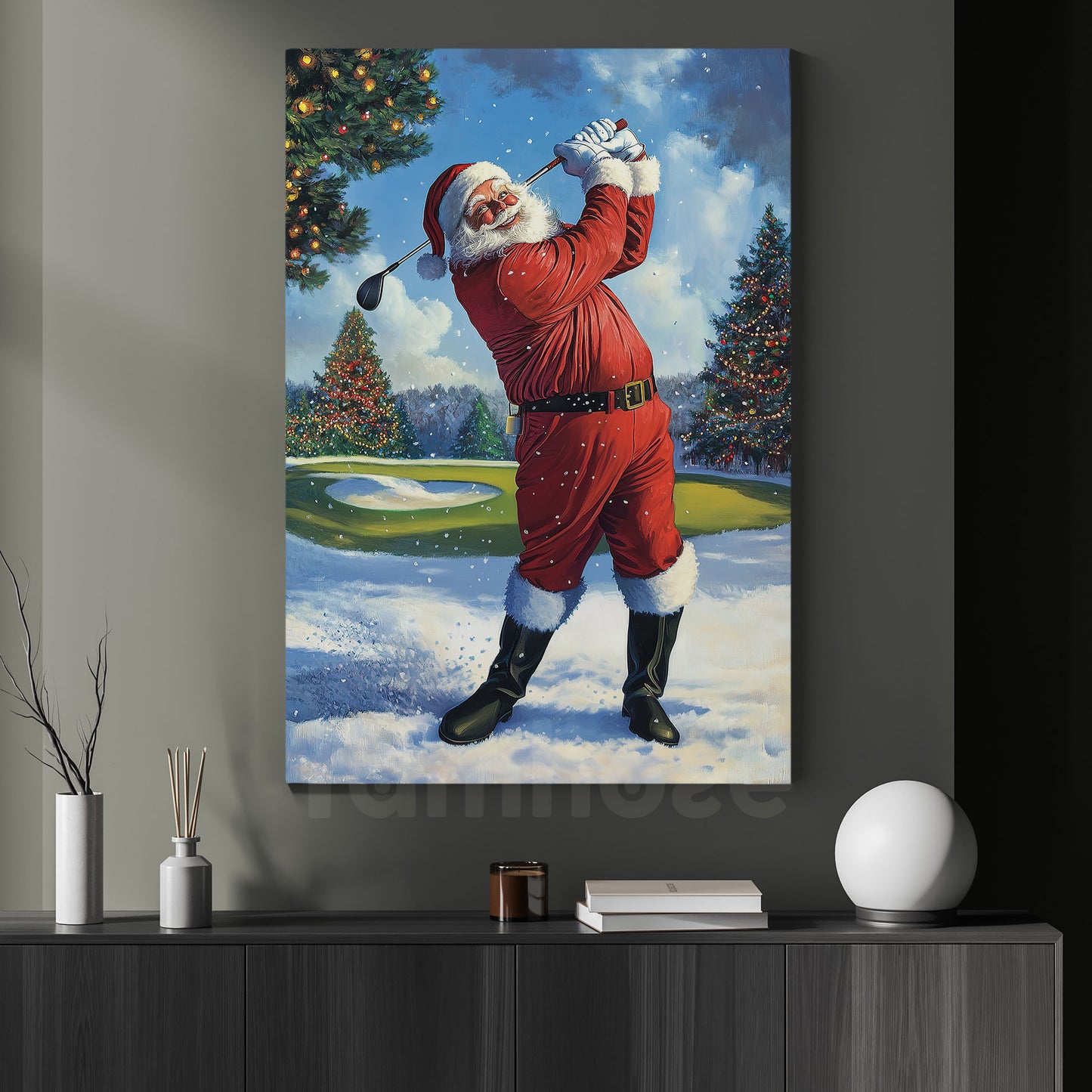 Christmas Golf Canvas Painting, Santa Claus Playing Golf Sport Wall Art Decor, Xmas Poster Gift For Golf Lovers