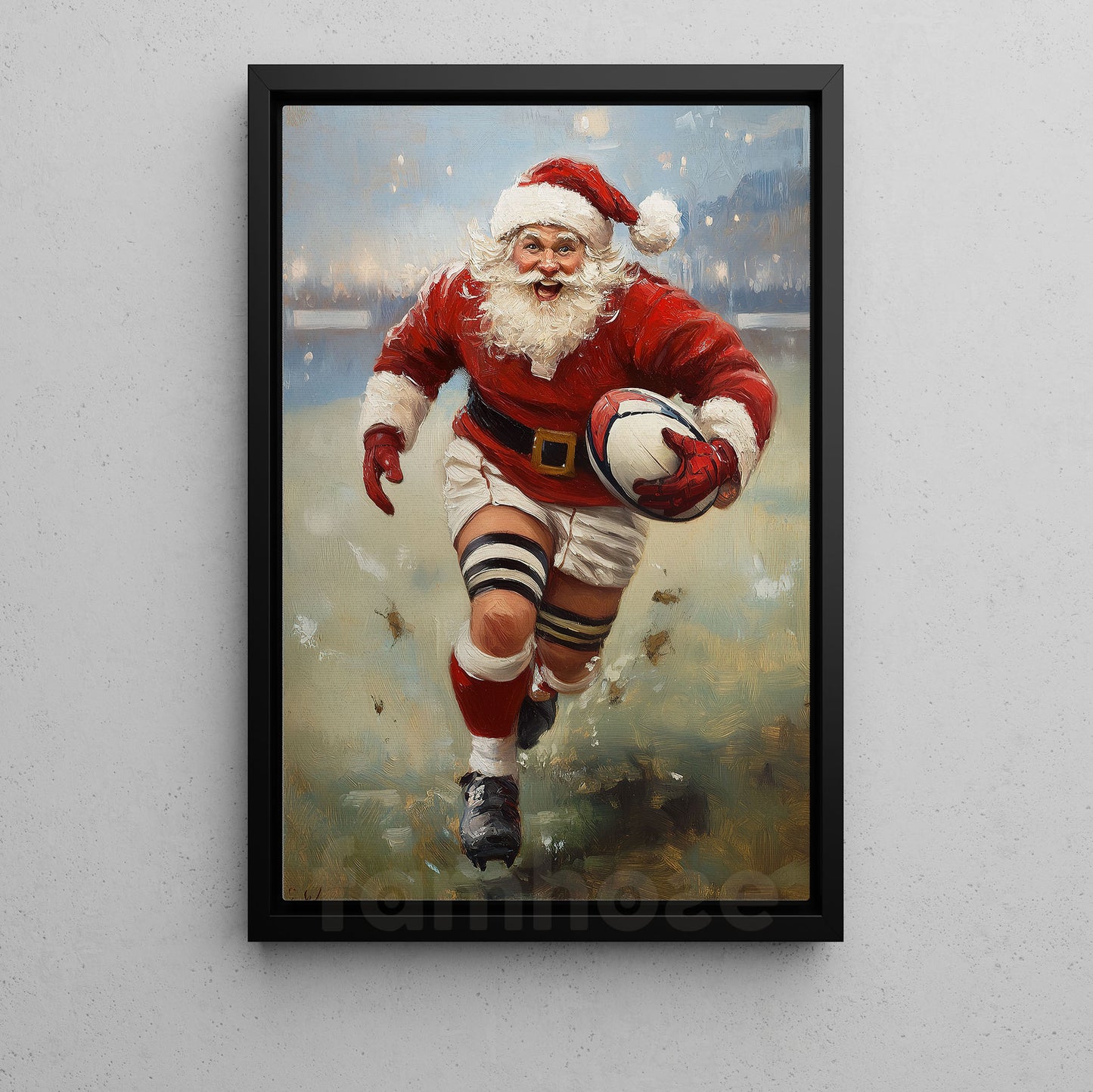 Christmas Rugby Canvas Painting, Santa Claus Playing Rugby Sports Wall Art Decor, Poster Gift For Rugby Lovers