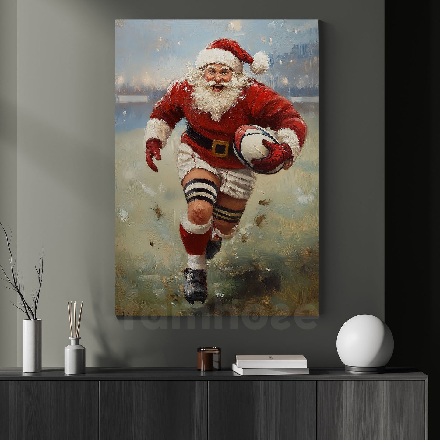 Christmas Rugby Canvas Painting, Santa Claus Playing Rugby Sports Wall Art Decor, Poster Gift For Rugby Lovers