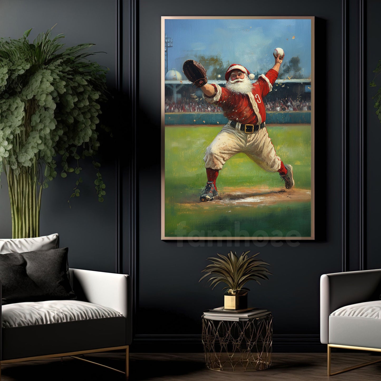 Christmas Baseball Canvas Painting, Santa Claus Playing Baseball, Sports Wall Art Decor, Gift For Baseball Lovers