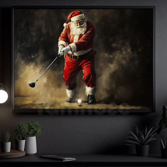 Christmas Golf Canvas Painting, Santa Plays Golf Wall Art Decor, Poster Gift For Golf Lovers