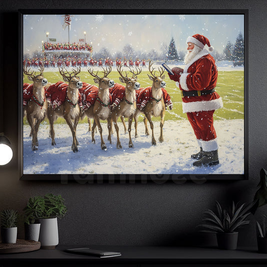 Christmas Football Canvas Painting, Reindeer Football Team With Santa Wall Art Decor, Poster Gift For Football Lovers, Football Players