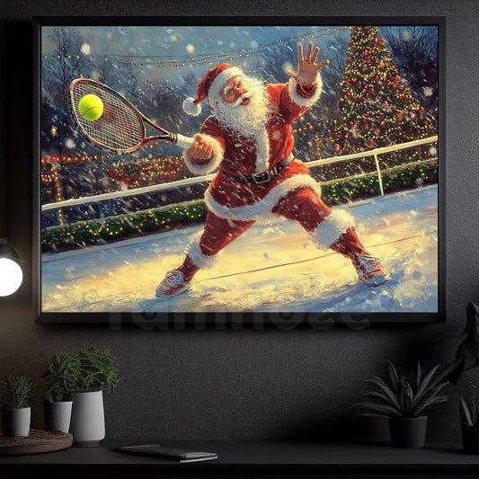 Christmas Santa's Tennis Canvas Painting, Santa Claus Hitting A Forehand Sports Wall Art Decor, Xmas Poster Gift For Tennis Lovers