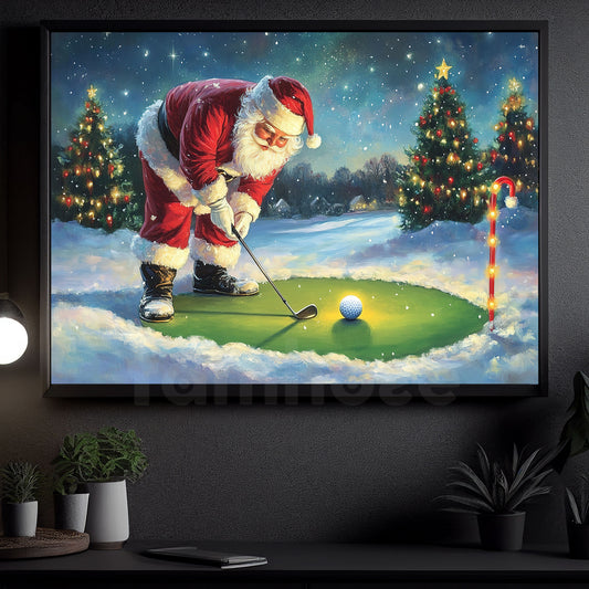 Christmas Golf Canvas Painting, Santa Claus Playing Golf Wall Art Decor, Poster Gift For Golf Lovers