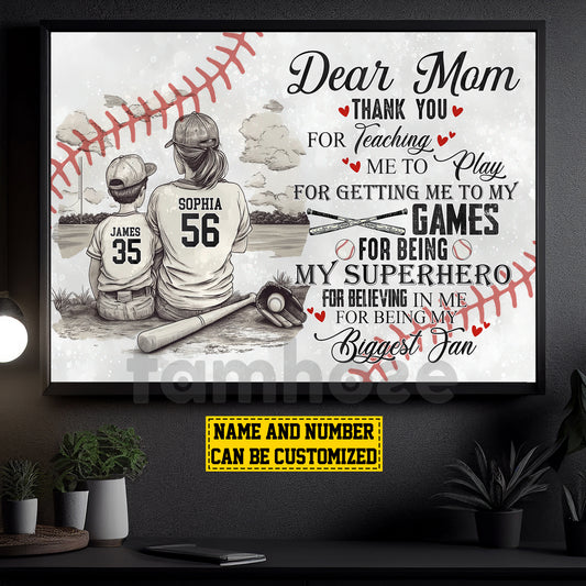 Vintage Personalized Baseball Mom & Son Canvas Painting, Dear Mom Thank You Wall Art Decor, Poster Mother's Day Gift For Mom From Baseball Boy