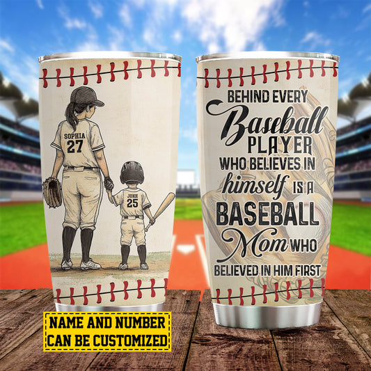 Personalized Baseball Mom & Son Stainless Steel Tumbler, Behind Every Baseball Player Sport Travel Mug Tumblers Mother's Day Gift For Mom From Baseball Boy