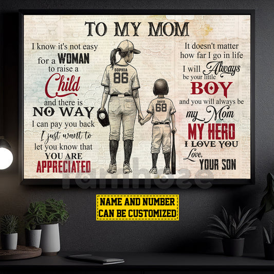 Vintage Personalized Baseball Mom & Son Canvas Painting, To My Mom I Know It's Not Easy Wall Art Decor, Poster Mother's Day Gift For Mom From Baseball Boy