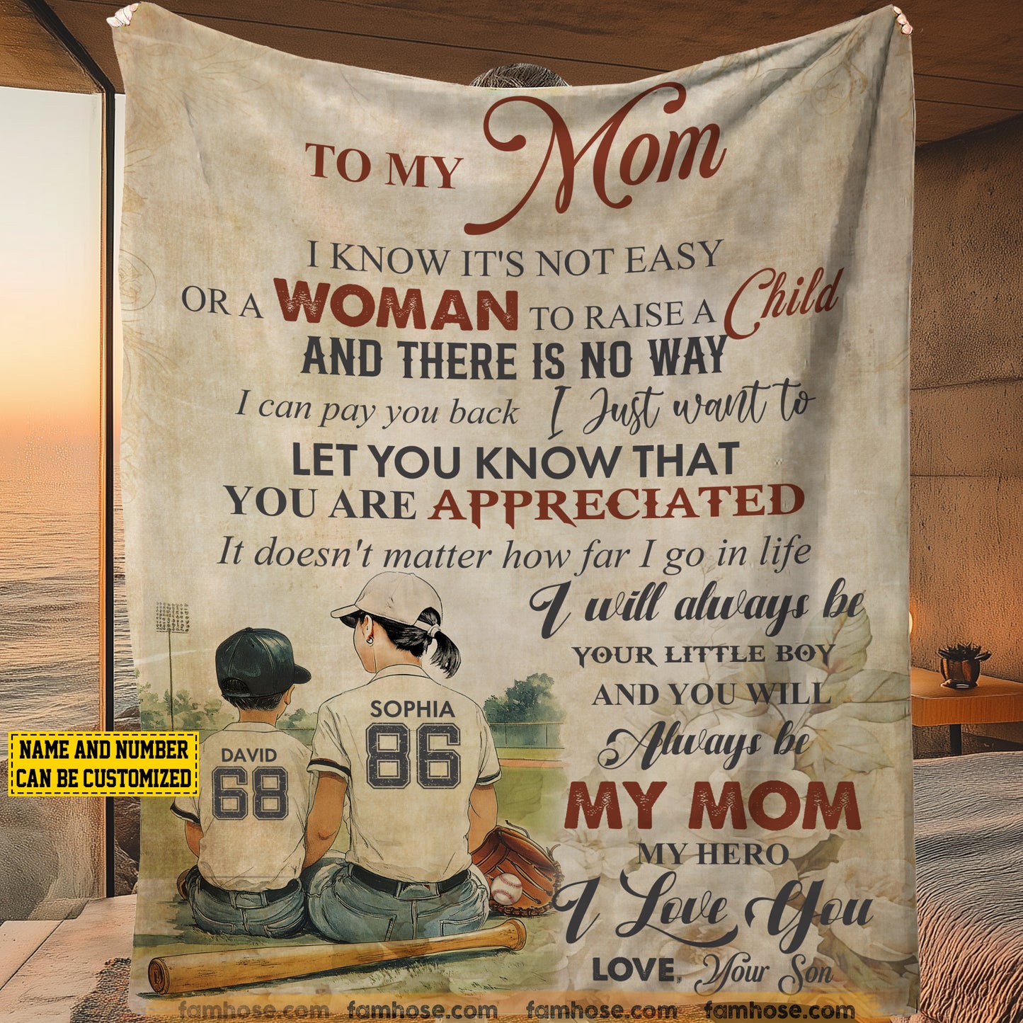 Vintage Personalized Baseball Mom & Son Fleece Blanket, To My Mom I Know It's Not Easy Sport Woven Blanket, Cool Sherpa Blanket Mother's Day Gift For Mom From Baseball Boy