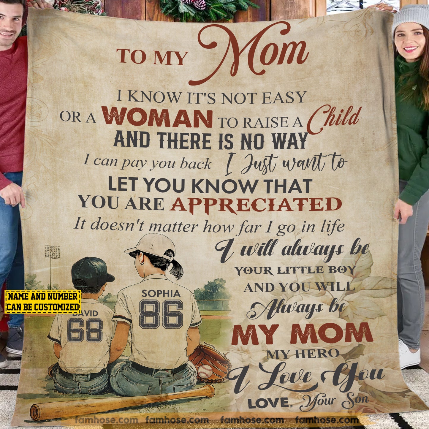 Vintage Personalized Baseball Mom & Son Fleece Blanket, To My Mom I Know It's Not Easy Sport Woven Blanket, Cool Sherpa Blanket Mother's Day Gift For Mom From Baseball Boy