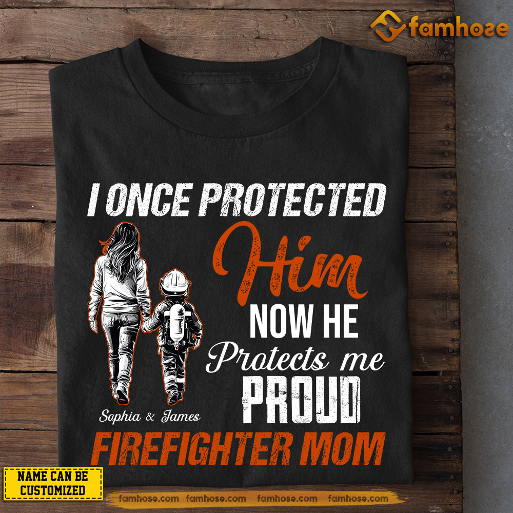 Personalized Firefighter Mom Son T-shirt, Now He Protects Me Tee Mother's Day Gift For Mom From Firefighter Boy