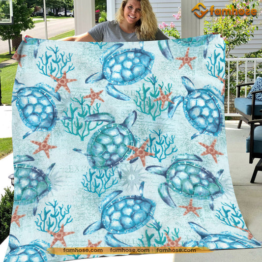 Turtle Blanket, Turtle In The Sea With Coral Fleece Blanket - Sherpa Blanket Gift For Turtle Lovers, Turtle Owners