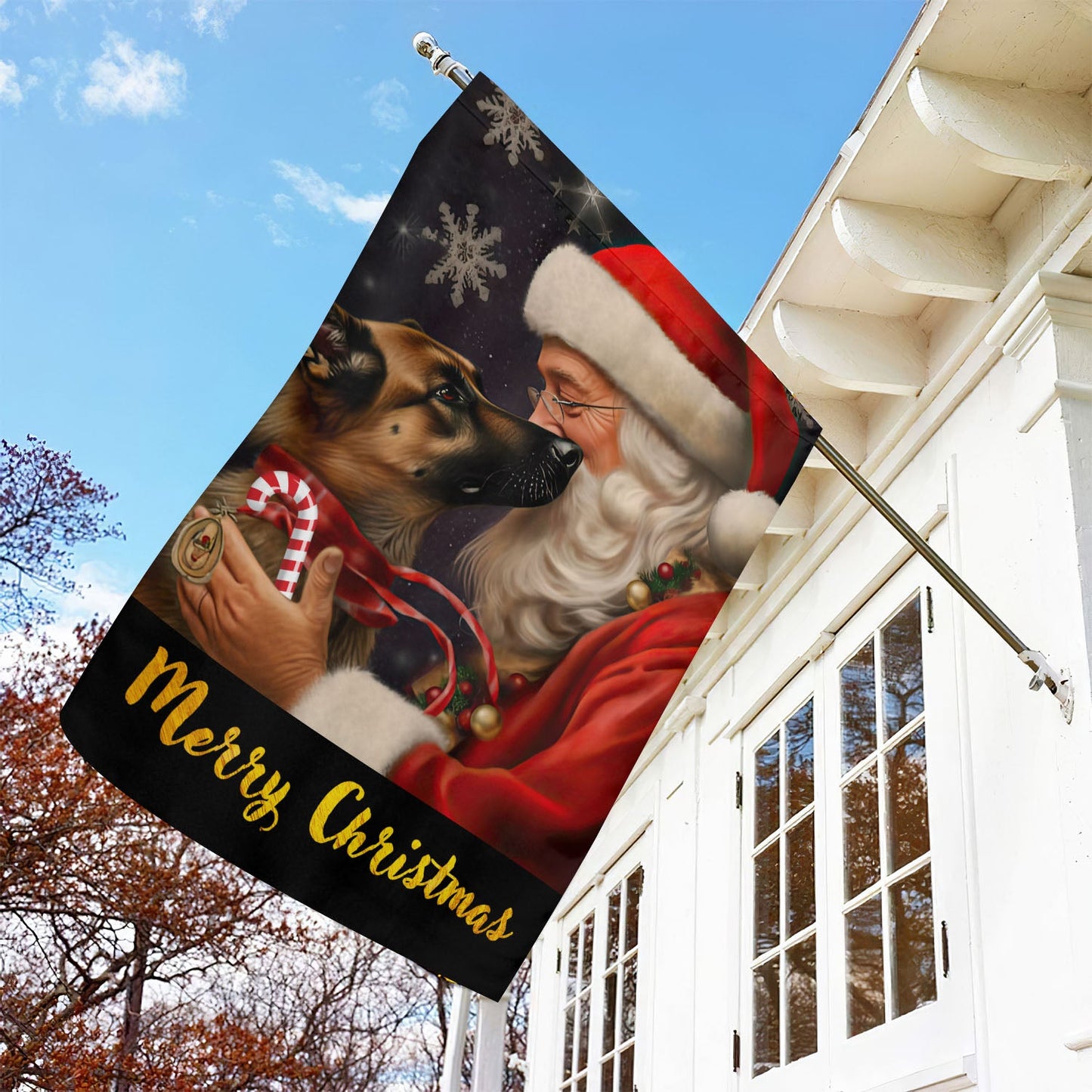 Santa Claus Is Cuddling The Dog, Dog Xmas Garden Flag & House Flag, Christmas Flag Gift For Dog Lovers