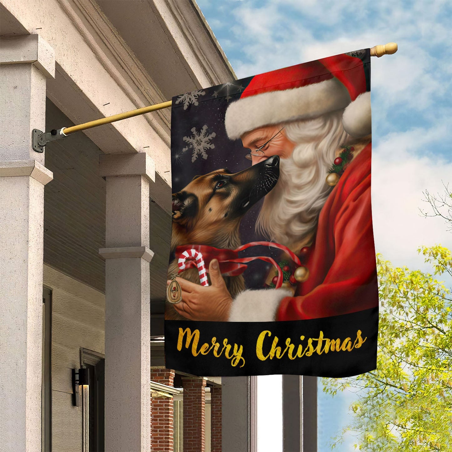 Santa Claus Is Cuddling The Dog, Dog Xmas Garden Flag & House Flag, Christmas Flag Gift For Dog Lovers