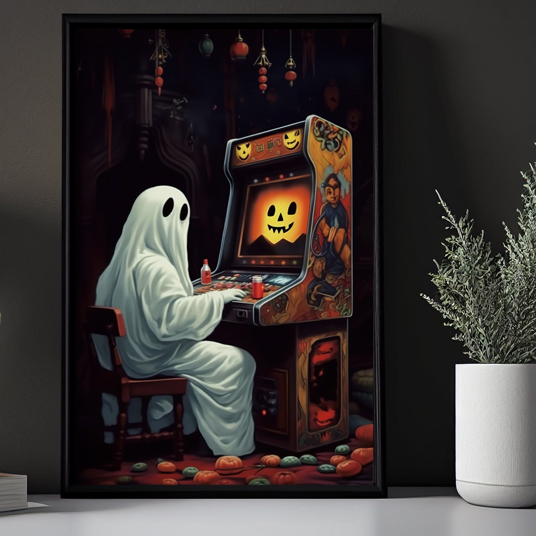 Vintage Ghost Playing Video Game Canvas Art Print - Dark Surreal