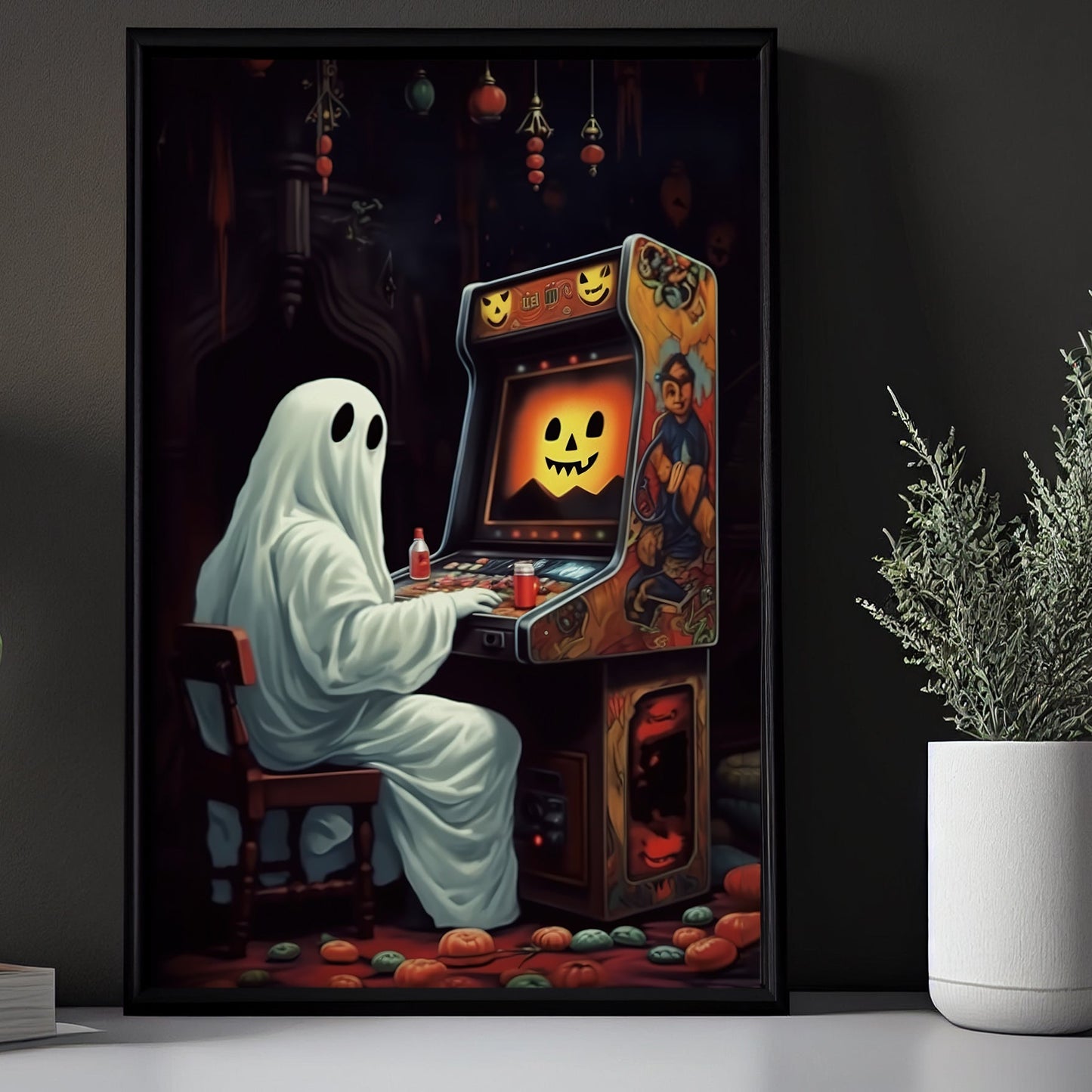 Vintage Ghost Playing Video Game Canvas Art Print - Dark Surreal Gothic Boo Ghost Halloween Wall Decor