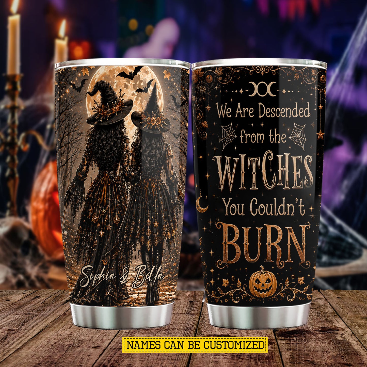 Personalized Halloween Couple Witch Tumbler, We Are Descended From The Witches, Spooky Season Stainless Steel Tumbler, Travel Mug Tumblers Gift For Your Best Friend