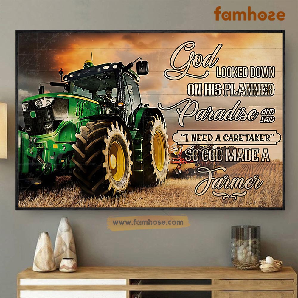 Tractor Poster & Canvas, God Looked Down On His Planned Paradise Said I Need A CareTaker, Tractor Canvas Wall Art, Poster Gift For Tractor Lovers