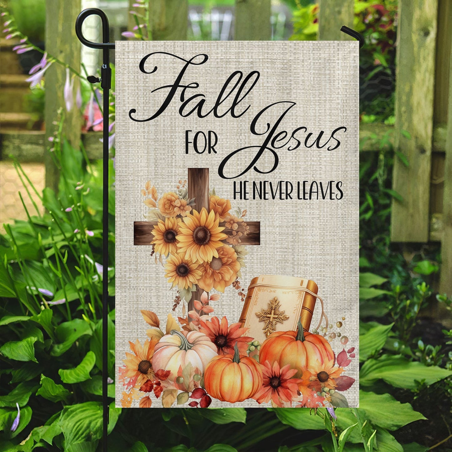 Fall For Jesus He Never Leaves, Autumn Fall Garden Flag - House Flag Decor, Flag Gift For Jesus Lovers