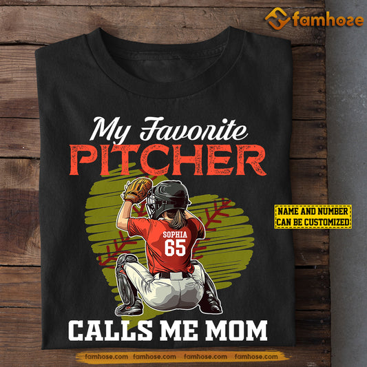 Personalized Softball Mom Daughter T-shirt, My Favorite Pitcher Calls Me Mom Tee Mother's Day Gift For Mom From Softball Girl