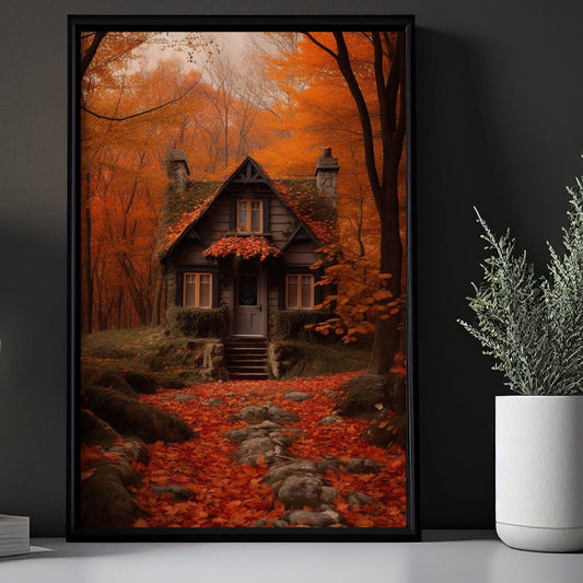 Gorgeous Autumn House In Enchanted ForestCanvas Painting, Wall Art Decor - Fall House Painting Thanksgiving Poster Gift