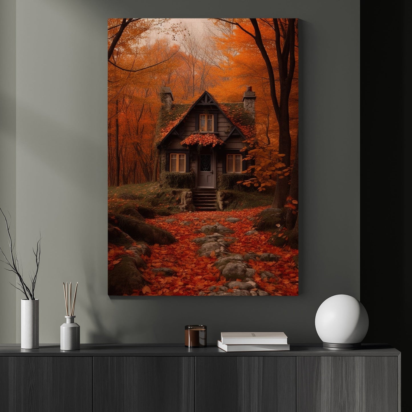 Gorgeous Autumn House In Enchanted ForestCanvas Painting, Wall Art Decor - Fall House Painting Thanksgiving Poster Gift