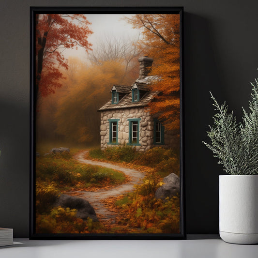 Beautiful Autumn House In Enchanted Forest Canvas Print Wall Art - Fall House Painting Thanksgiving Poster Gift