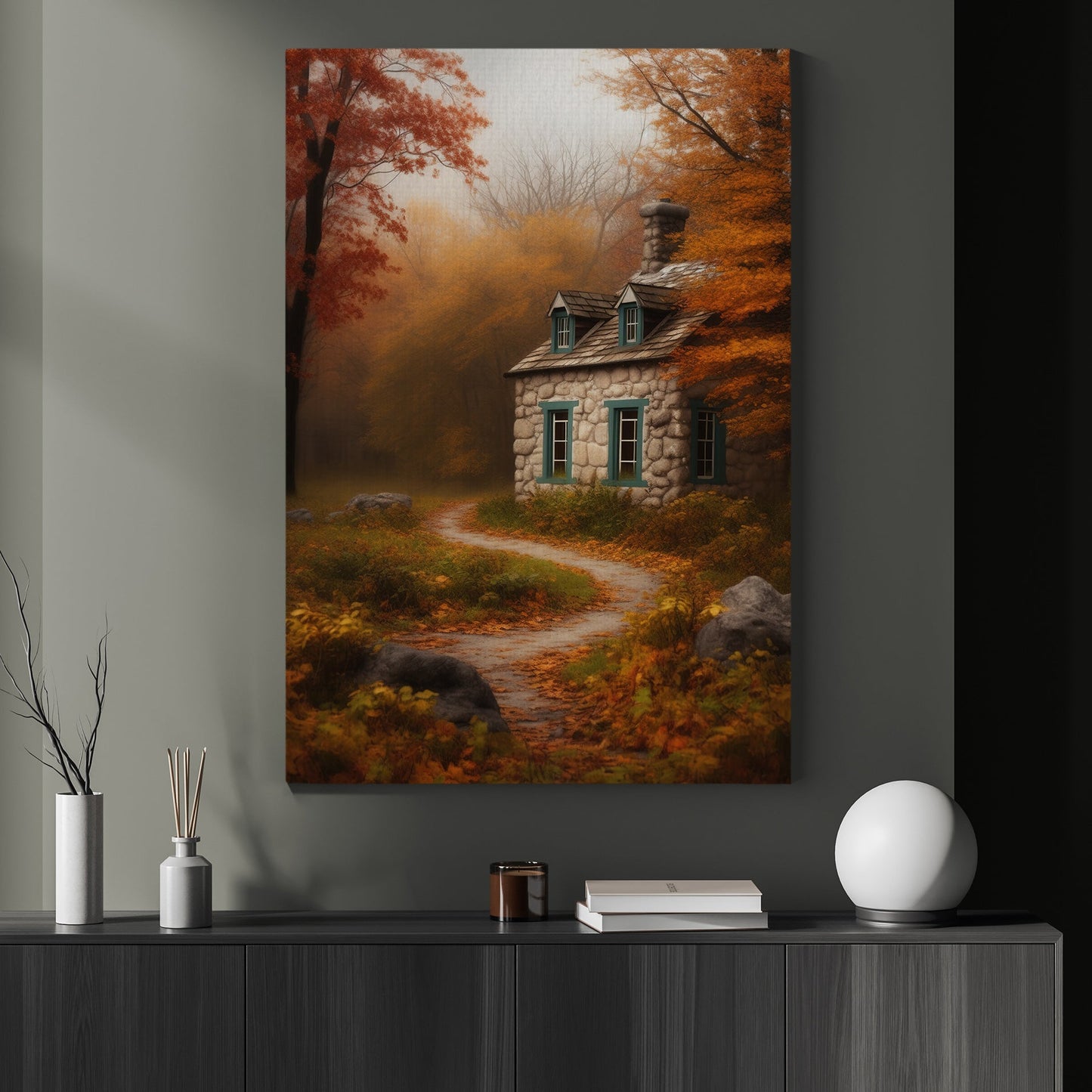 Beautiful Autumn House In Enchanted Forest Canvas Print Wall Art - Fall House Painting Thanksgiving Poster Gift