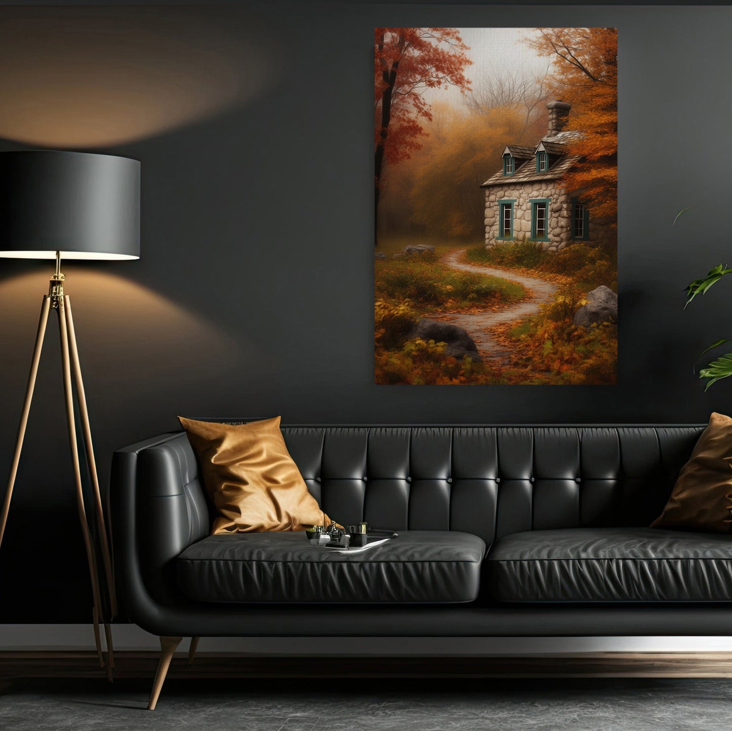 Beautiful Autumn House In Enchanted Forest Canvas Print Wall Art - Fall House Painting Thanksgiving Poster Gift