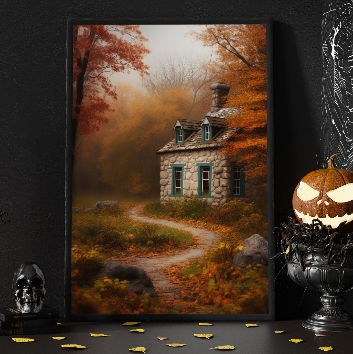 Beautiful Autumn House In Enchanted Forest Canvas Print Wall Art - Fall House Painting Thanksgiving Poster Gift