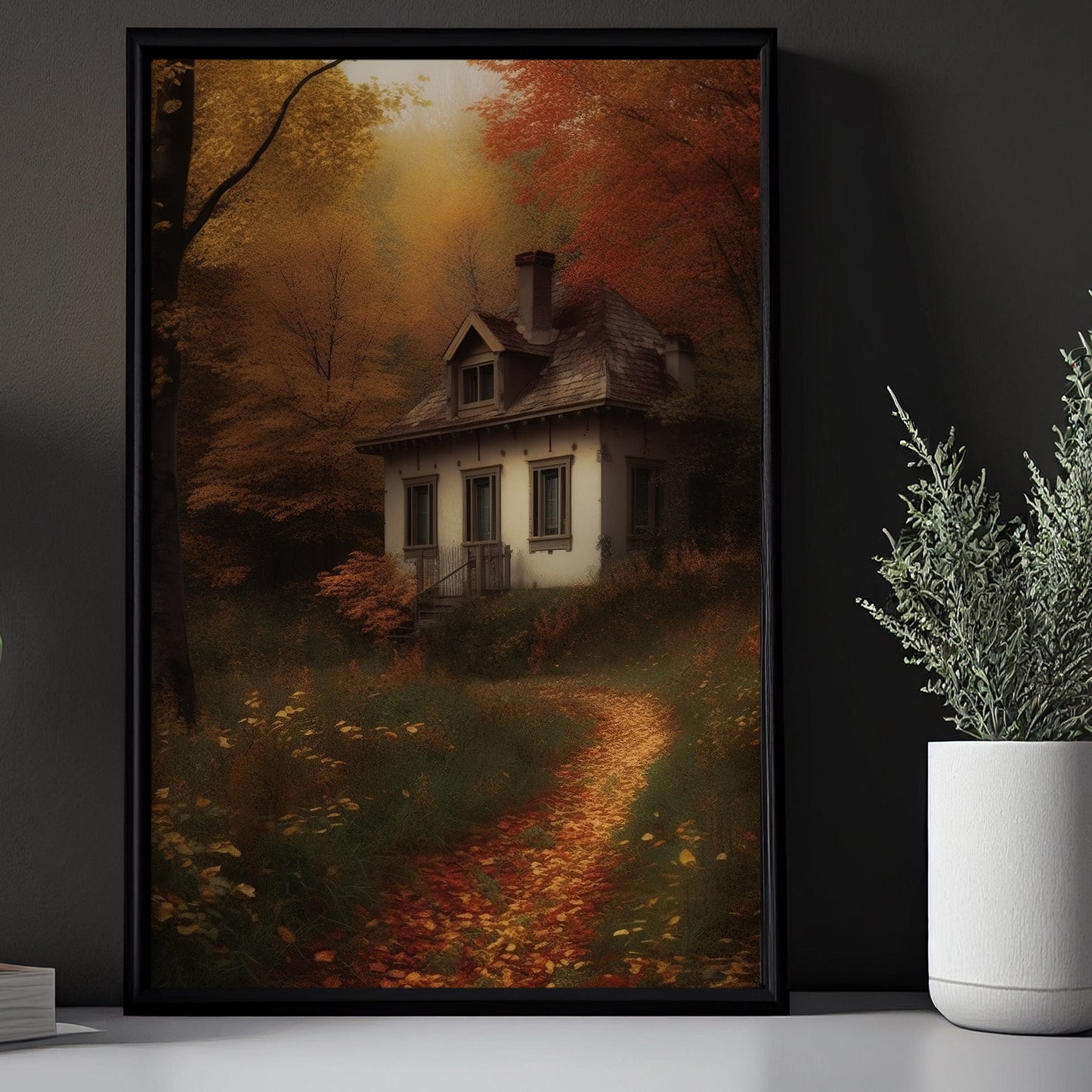 Gorgeous Autumn House In Enchanted Forest Canvas Painting, Wall Art Decor - Fall House Painting Thanksgiving Poster Gift