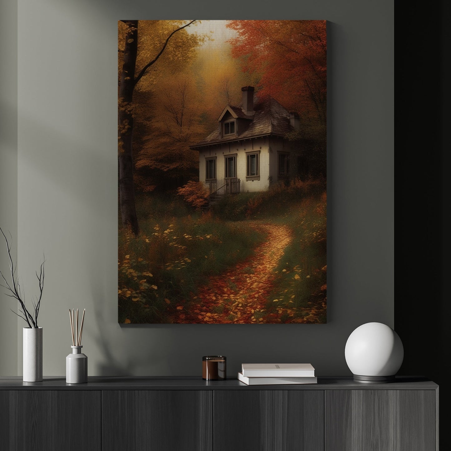 Gorgeous Autumn House In Enchanted Forest Canvas Painting, Wall Art Decor - Fall House Painting Thanksgiving Poster Gift