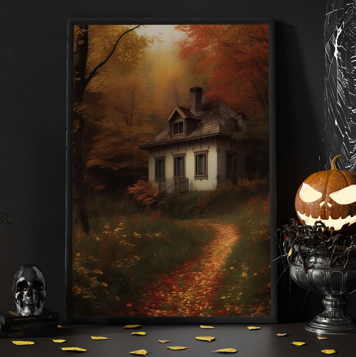 Gorgeous Autumn House In Enchanted Forest Canvas Painting, Wall Art Decor - Fall House Painting Thanksgiving Poster Gift