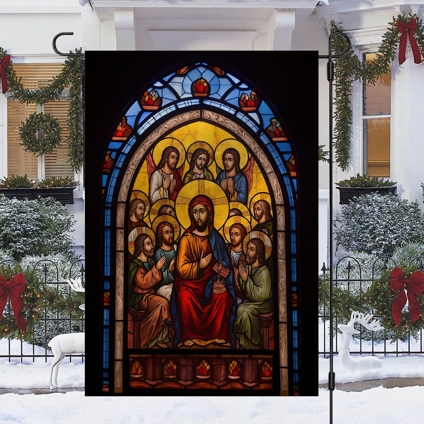 Holy Family Christ And Apostles A Stained Glass Winter, Christmas Garden Flag - House Flag, Nativity Religious Winter Christians Flag Gift