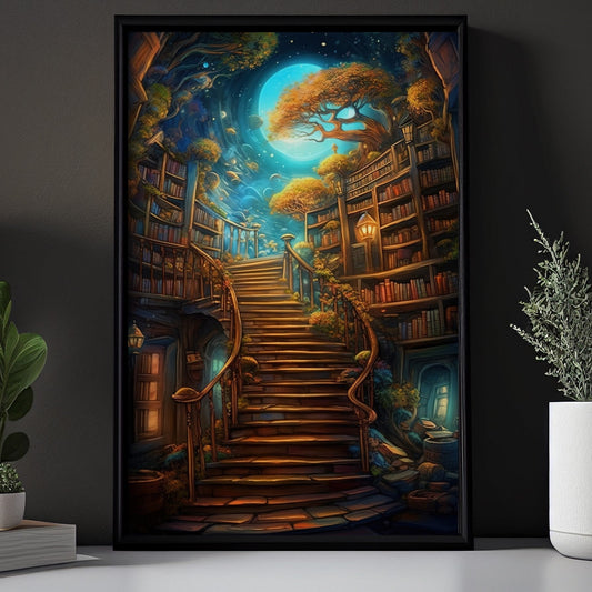 Stairway To Magical Paradise, Paradise Library Book Canvas Painting, Wall Art Print - Poster Gift For Reading Book Lovers