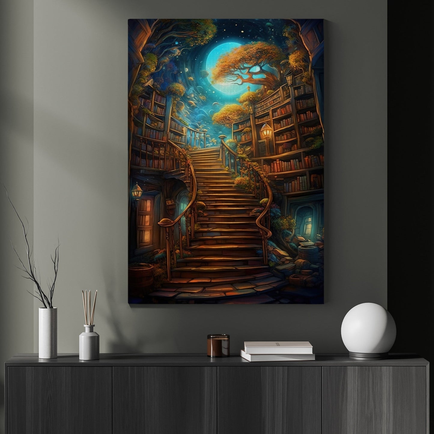 Stairway To Magical Paradise, Paradise Library Book Canvas Painting, Wall Art Print - Poster Gift For Reading Book Lovers