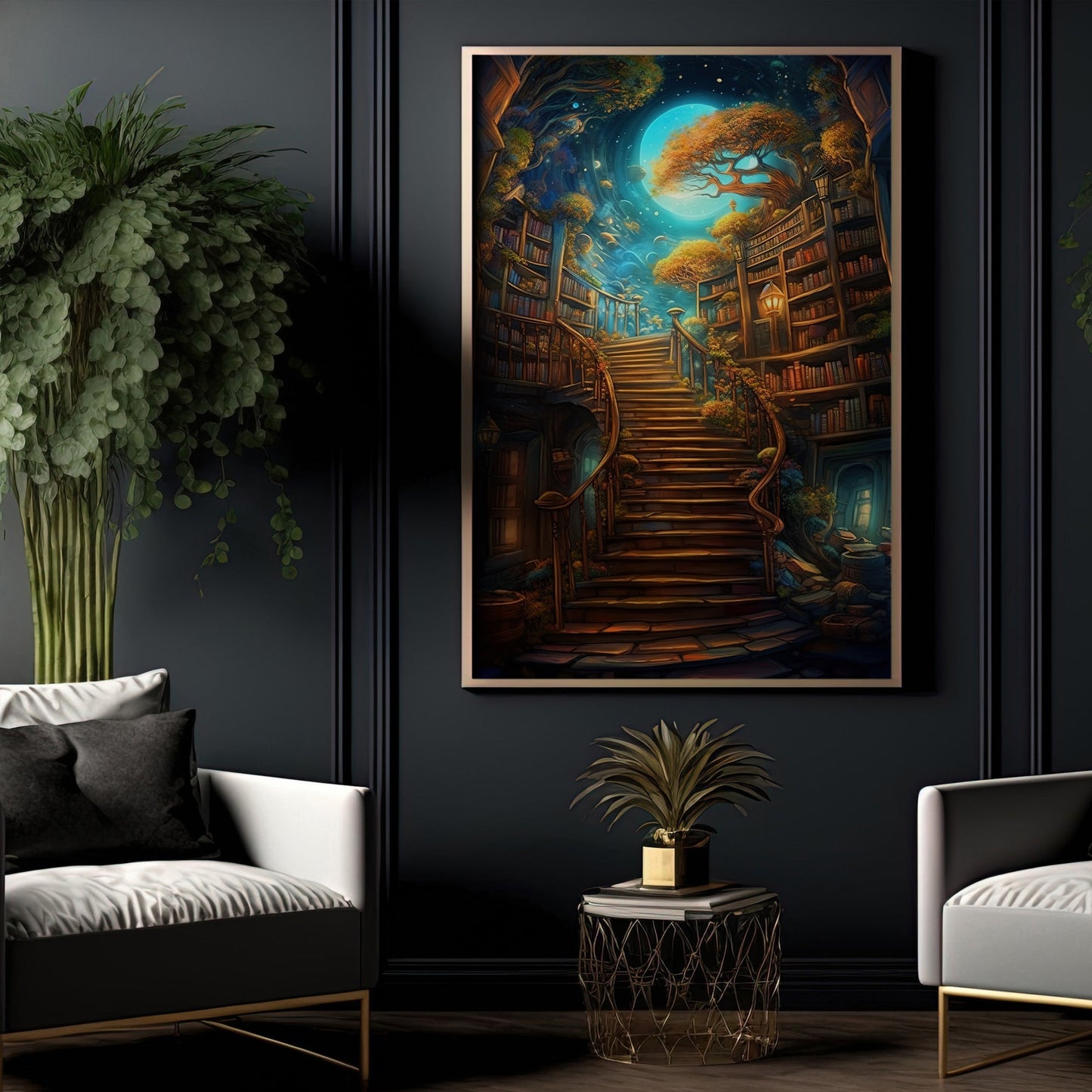 Stairway To Magical Paradise, Paradise Library Book Canvas Painting, Wall Art Print - Poster Gift For Reading Book Lovers
