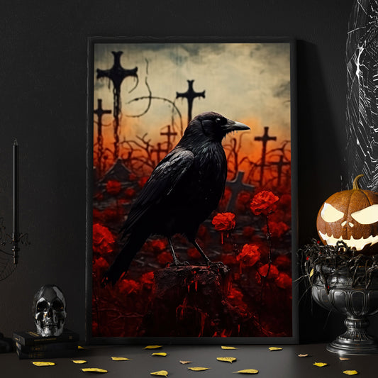 Blood Cemetery Crow Dark Vintage Halloween Canvas Painting, Wall Art Decor - Haunting Grave Black Raven Halloween Poster Gift