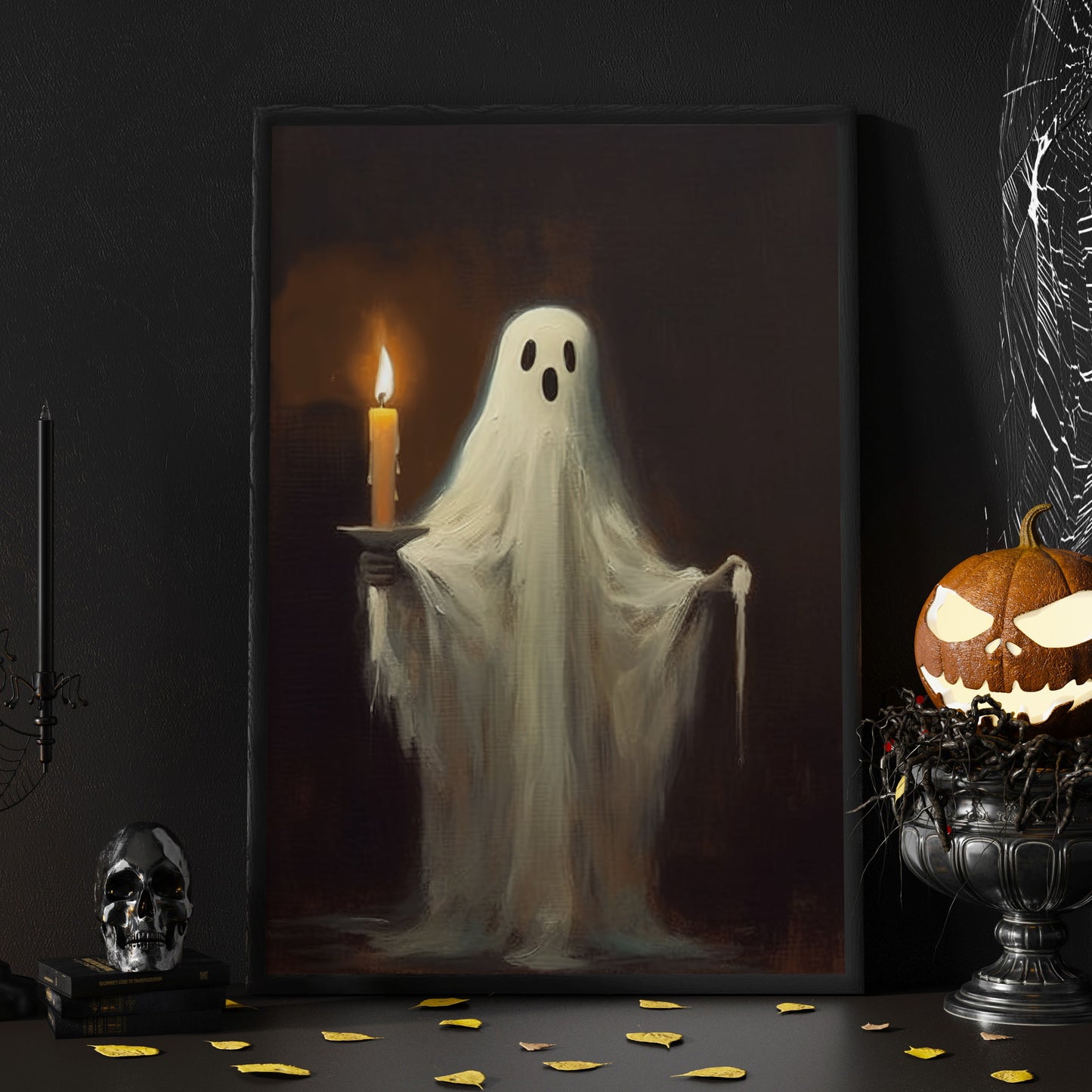 Ghost Hold A Candle In A Dark Room Halloween Canvas Painting, Wall Art Decor - Dark Ghost Halloween Poster Gift