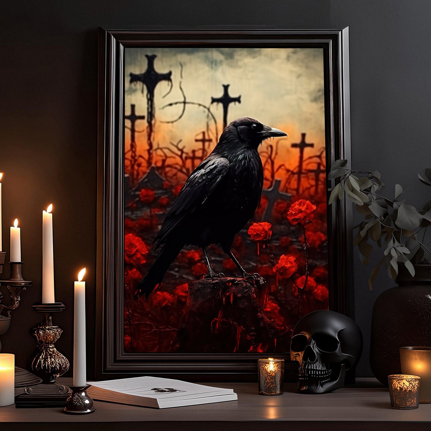 Blood Cemetery Crow Dark Vintage Halloween Canvas Painting, Wall Art Decor - Haunting Grave Black Raven Halloween Poster Gift