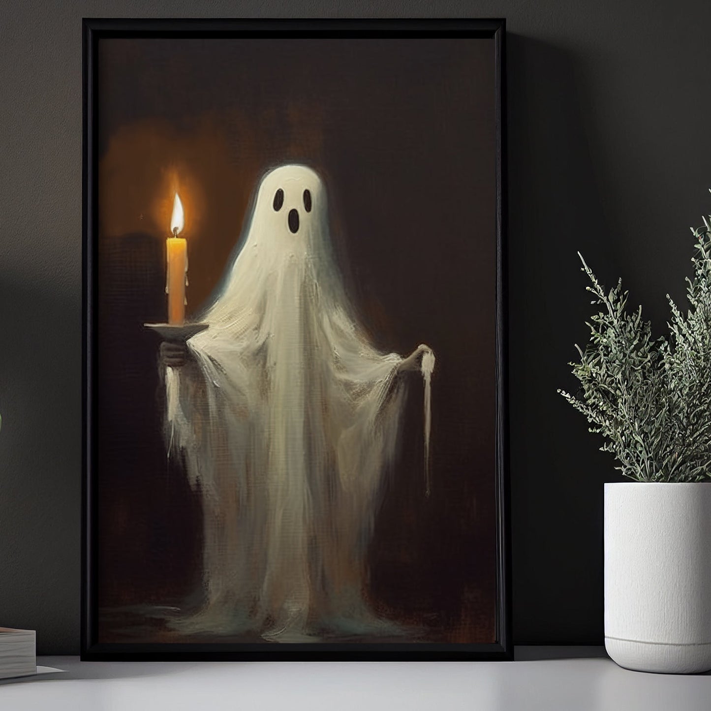 Ghost Hold A Candle In A Dark Room Halloween Canvas Painting, Wall Art Decor - Dark Ghost Halloween Poster Gift